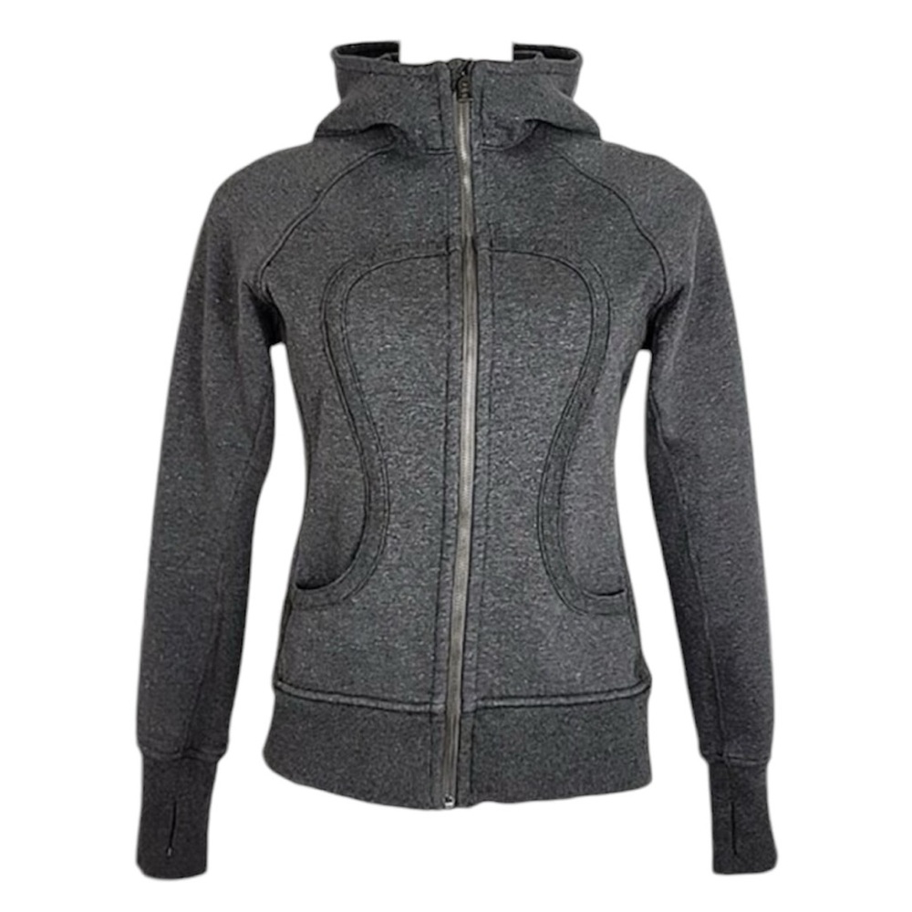 Lululemon Scuba Hoodie Dark Heathered Grey black Cotton Thumbholes Sz 8